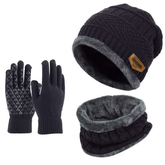 Spencer 3 PCS Winter Beanie Hat Scarf Set with Touchscreen Gloves Cold Weather Knit Fleece Lined Neck Warmer Skull Cap Glove Set, Black