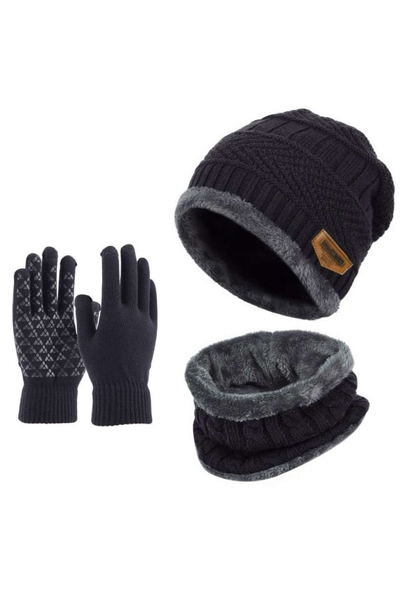 3 PCS Winter Beanie Hat Scarf Set with Touchscreen Gloves Cold Weather Knit Fleece Lined Neck Warmer Skull Cap Glove Set, Black