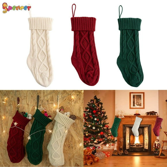 Spencer 3 Pack Crochet Cable Knit Christmas Stockings, 18 inches Large Personalized Fireplace Hanging Stockings for Christmas Tree Party Decorations "Green & Red & White"