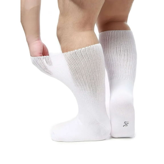 Spencer 3 Pack Socks for Diabetics Men Women, Extra Width Socks for Swollen Feet, Wide Calf Socks with Non-Binding Loose Top, White