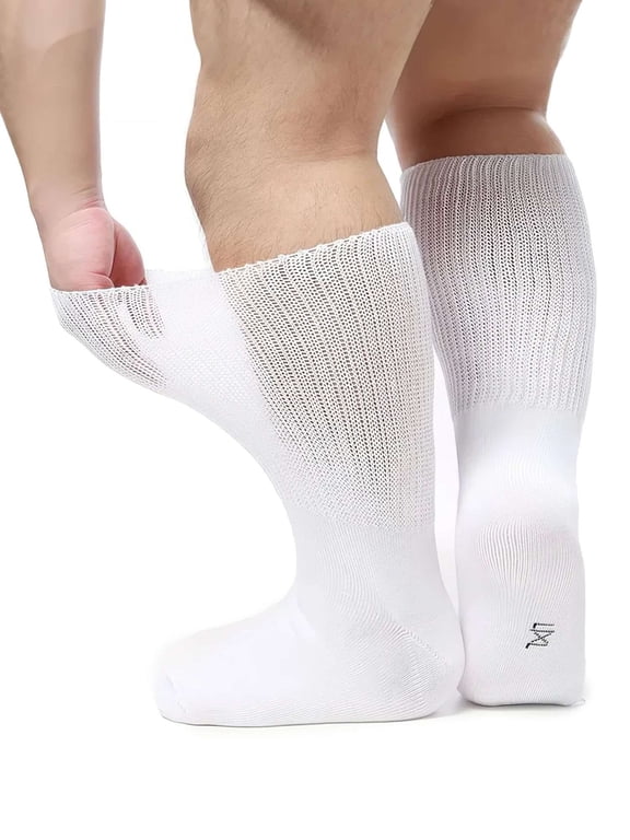 3 Pack Socks for Diabetics Men Women, Extra Width Socks for Swollen Feet, Wide Calf Socks with Non-Binding Loose Top, White