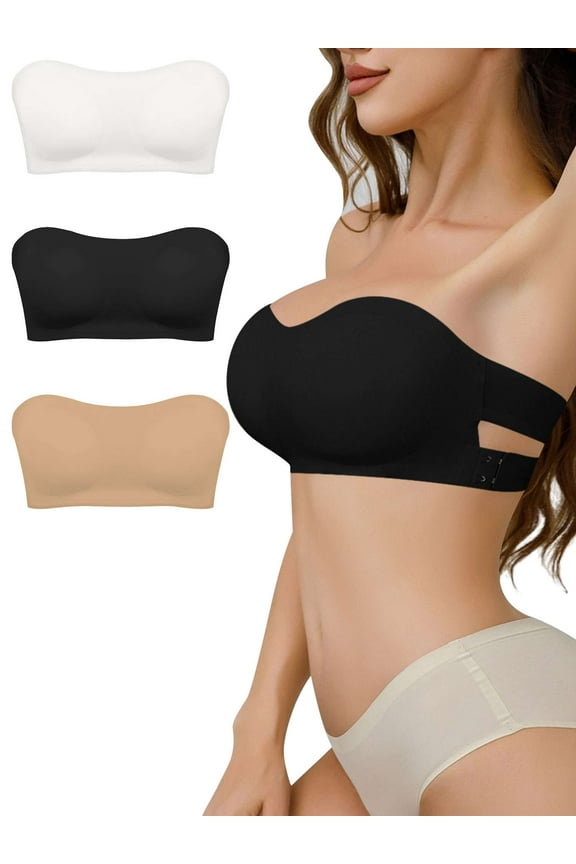 3-Pack Women's Push Up Strapless Bras Full Cup Plus Size Padded Bra, Beauty Back Non-Slip Bandeau Bra for Women, Size S-XL