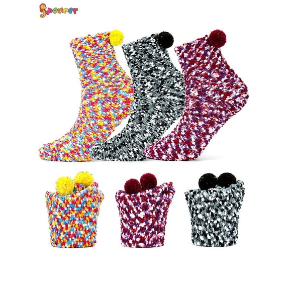 Spencer 3 Pairs Fuzzy Fluffy Socks for Women Winter Warm Slipper Socks DIY Plush Sock Cupcake Boxes Gift for Holiday Christmas (Purple & Black & Yellow)