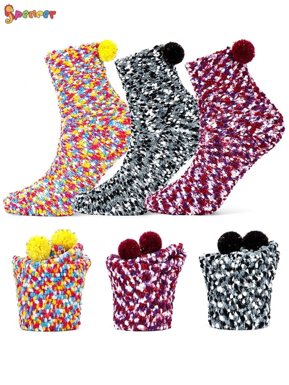 3 Pairs Fuzzy Fluffy Socks for Women Winter Warm Slipper Socks DIY Plush Sock Cupcake Boxes Gift for Holiday Christmas (Purple & Black & Yellow)