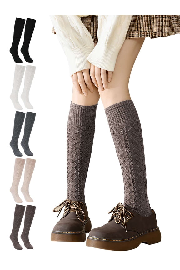 3 Pairs Womens Casual Knee High Socks Cable Knitted Boot Socks Long Thick Leg Warmers Winter for Party, Work, Gifts (White)