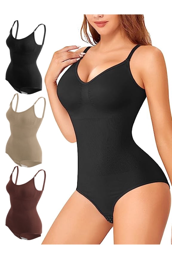 3 Piece Bodysuits for Women Tummy Control Shapewear Seamless Sculpting Thong Body Shaper Scoop Neck Sleeveless Slimming Bodysuit Tank Top (Black+Coffee+Apricot)