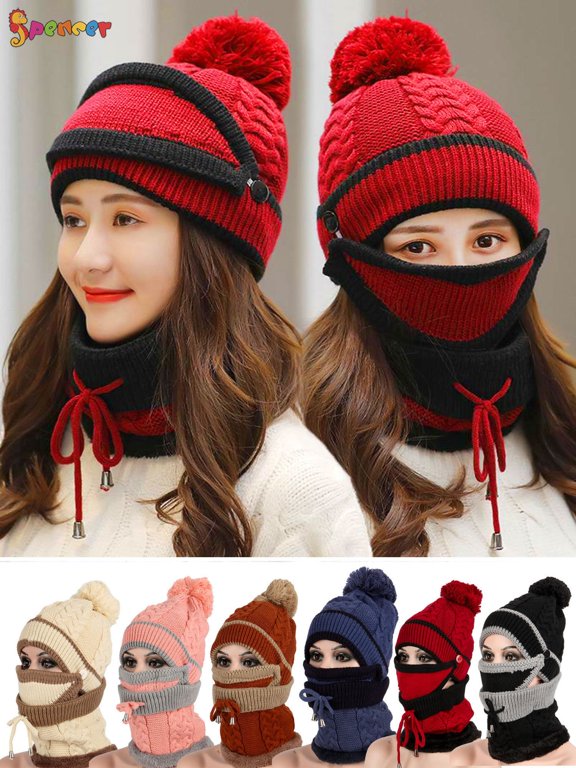 3 in 1 Women Winter Warm Knitted Beanie Pompom Hat Cap Scarf Neck Warmer Face Cover Set for Outdoor Activities (Red)