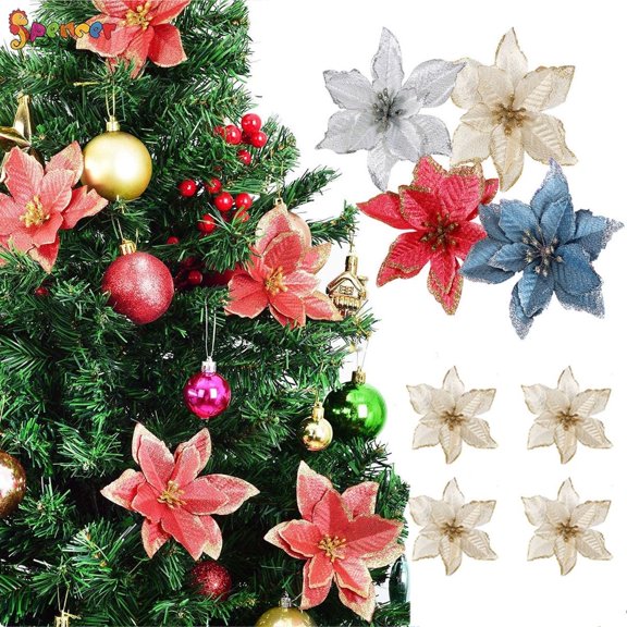 Spencer 36Pcs 5.91" Christmas Poinsettia Decorations Glitter Artificial Christmas Flowers for Xmas Tree Wreaths Wedding Ornament Home Decor "Silver"