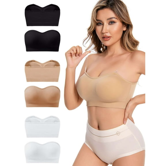Spencer 3Pack Women's Wireless Strapless Bra Seamless Padded Bandeau Bra Non-Slip Tube Top Lift Push Up Convertible Bralette, Size S-XXL