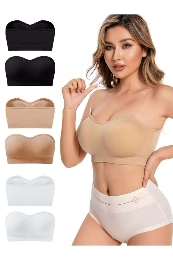 3Pack Women's Wireless Strapless Bra Seamless Padded Bandeau Bra Non-Slip Tube Top Lift Push Up Convertible Bralette, Size S-XXL