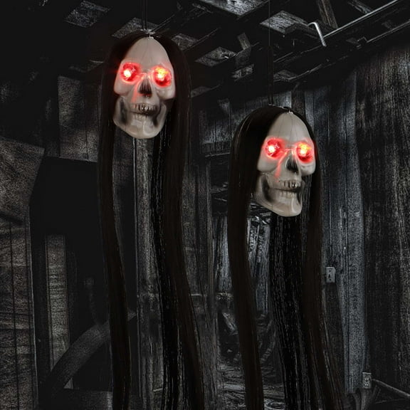 Spencer 3Pcs Halloween Hanging Skull Ghost Decorations Light Up Red Eyes Hanging Head Skeleton Props with Long Hair for Halloween Party Indoor Outdoor Decor