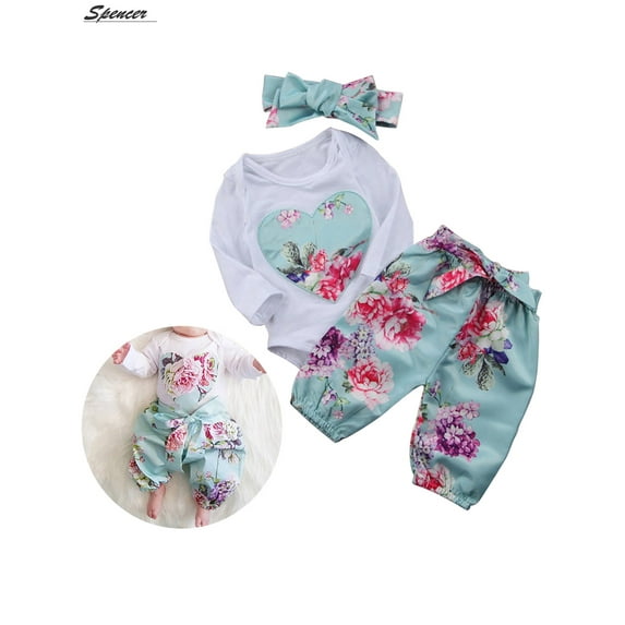 Spencer 3Pcs Infant Baby Girl Floral Heart Print Jumpsuit Romper Tops Tutu Pants with Headband Outfit Clothes Set "70cm"