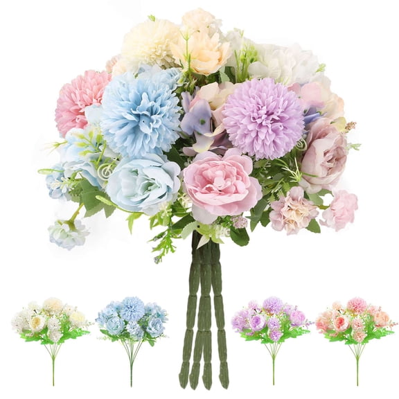 Spencer 4 Pack Artificial Silk Peony and Hydrangea Mixed Flower Bouquet Real Touch Fake Flowers for Wedding Valentine's Day Party Festival Decor