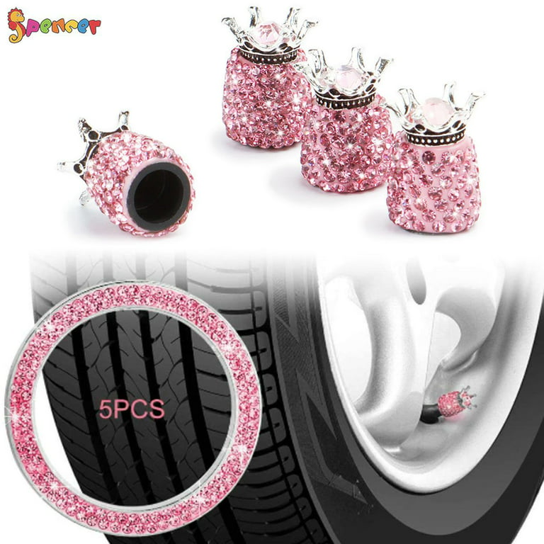 Spencer 4 Pack Rhinestone Crown Valve Stem Caps Handmade Crystal Universal  Tire Valve Dust Caps Bling Car Accessories with 1PC Ring Emblem Sticker for  Auto Ornamen Pink 