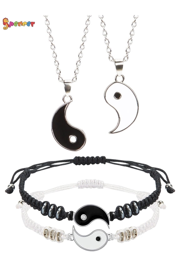 4 Pcs Matching Yin Yang Friend Couple Bracelets and Necklace Set, Adjustable Handmade Cord Relationship Bracelets for Friendship