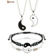 Spencer 4 Pcs Matching Yin Yang Friend Couple Bracelets and Necklace Set, Adjustable Handmade Cord Relationship Bracelets for Friendship