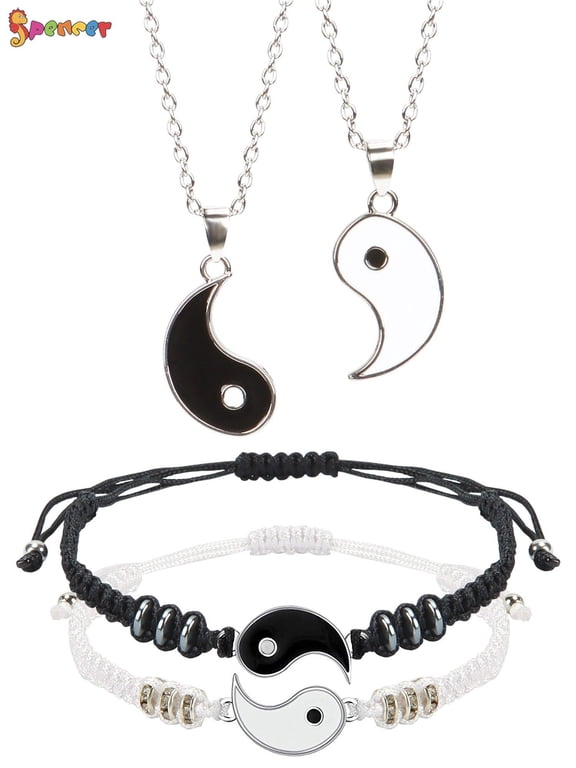 4 Pcs Matching Yin Yang Friend Couple Bracelets and Necklace Set, Adjustable Handmade Cord Relationship Bracelets for Friendship