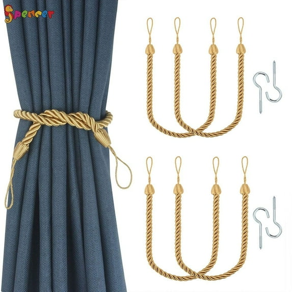 Spencer 4Pcs Braided Curtain Tiebacks, Rope Belt Curtain Tie Buckle Holdback Drapery Curtain Tie Back with 4 Metal Hooks (Golden)
