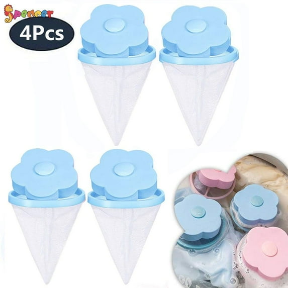 Spencer 4Pcs Reusable Floating Laundry Lint Fur Catcher for Washing Machine, Pet Hair Fur Remover Portable Lint Mesh Bag Hair Filter Net Pouch "Blue"