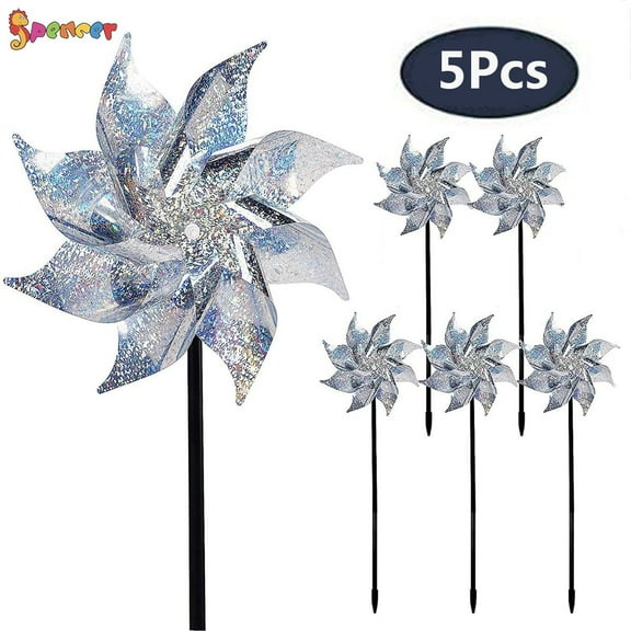 Spencer 5 Pack Bird Blinder Repellent Pinwheels, Extra Sparkly Windmill Effectively Keep Birds Away for Garden Yard Patio Lawn Farm
