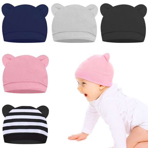 Spencer 5 Pack Newborn Baby Beanie Preemie Boys Girls Hats Autumn Winter Bear Ears Infant Caps Toddler Beanie Caps for 0-6 Months, Assorted Colors