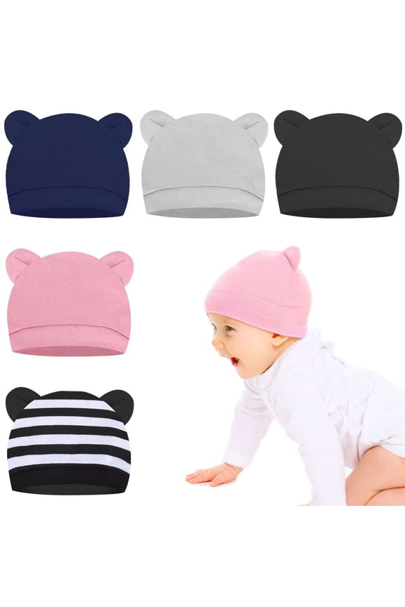 5 Pack Newborn Baby Beanie Preemie Boys Girls Hats Autumn Winter Bear Ears Infant Caps Toddler Beanie Caps for 0-6 Months, Assorted Colors