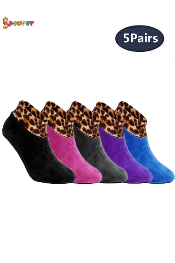 5 Pairs Indoor Non-Slip Thermal Socks Leopard Printed Floor Socks Fuzzy Slipper Socks for Ladies Girls