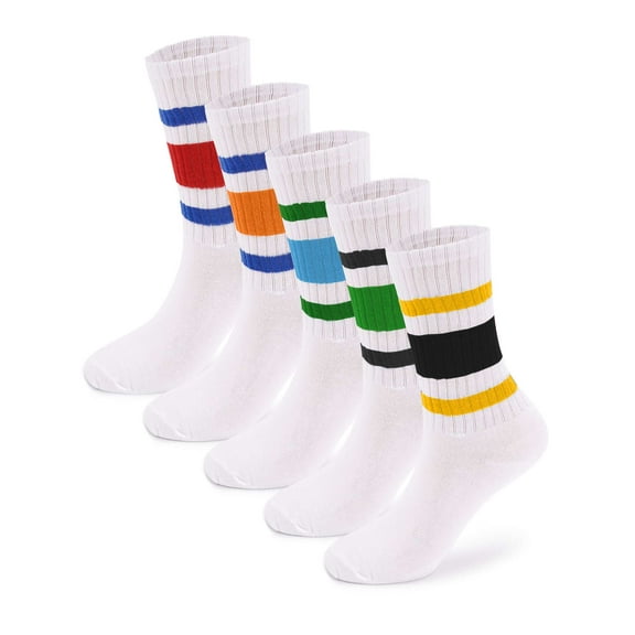 Spencer 5 Pairs Striped Retro Crew Socks For Women Men, Calf Casual Athletic Cotton Socks, Size 5-8.5