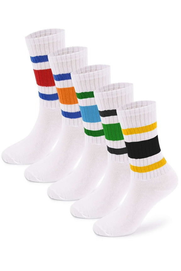 5 Pairs Striped Retro Crew Socks For Women Men, Calf Casual Athletic Cotton Socks, Size 5-8.5