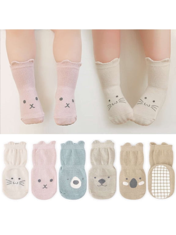 5 Pairs Toddler Non Slip Socks Cute Baby Socks with Grips Cotton Crew Socks for Infants Toddlers Kids Boys Girls, 0 Months - 5 Years