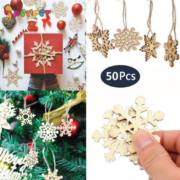 Spencer 50Pcs 5CM Wooden Snowflakes Christmas Ornaments, Unfinished Cutouts Craft Embellishments Hanging Ornaments for Xmas Tree Party Decoration