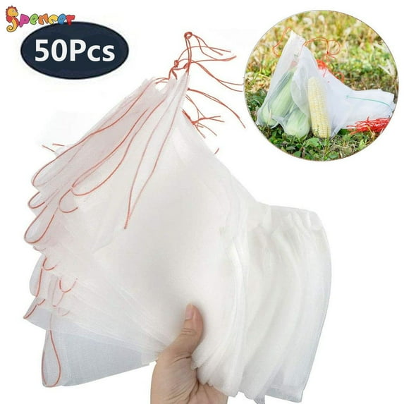 Spencer 50Pcs Garden Plant Netting Bags, Fruit Protect Drawstring Net Bag Against Insect Pest Bird Bug Net for Plants Fruits (9.8" x 5.9")