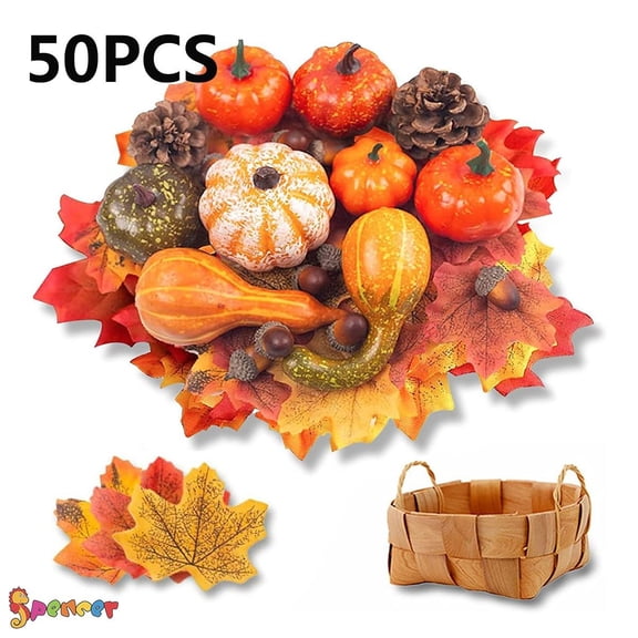 Spencer 50Pcs Mini Artificial Pumpkins Autumn Gourds, Maple Leaves, Pine Cones, Acorns for Halloween Fall Harvest Thanksgiving Decoration