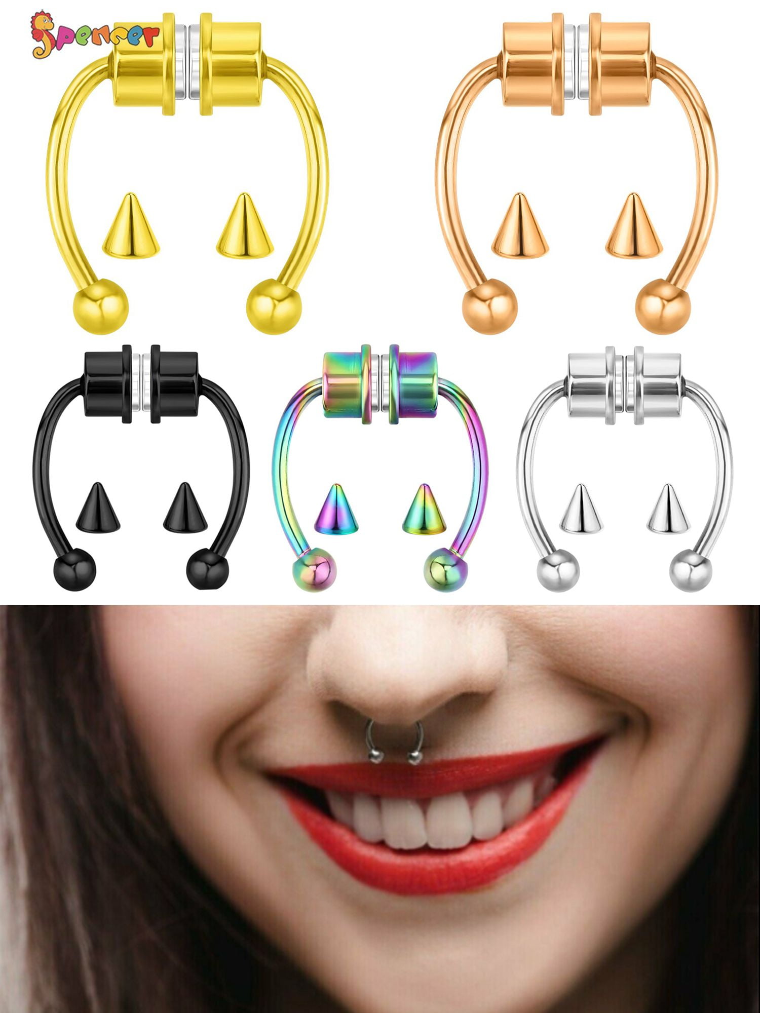Spencer 5Pcs Fake Septum Magnetic Nose Ring for Women Men Segment Helix Tragus Faux Clicker Non Piercing Clip On Nose Hoop Rings
