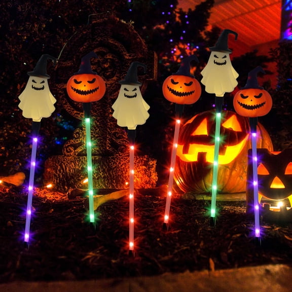 Spencer 6 Pack Halloween Solar Lights Halloween Pumpkin Ghost Pathway Light Waterproof Light Up Stake Lights for Garden Patio Yard Pathway