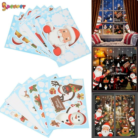 Spencer 6 Sheets 110 Pcs Christmas Window Clings, Snowflake Santa Claus Window Wall Stickers for Christmas Home Shop Party Window Decorations
