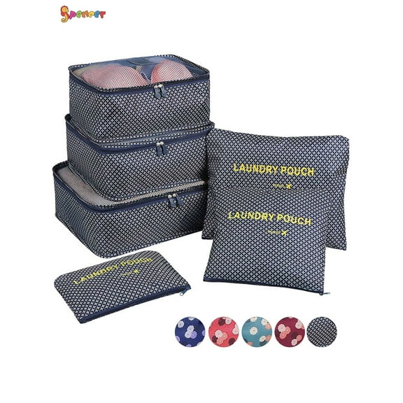 Spencer 6Pcs Travel Luggage Storage Bag Portable Organizer Pouch Waterproof Clothes Packing Cubes Suitcase（Navy Blue Stars）