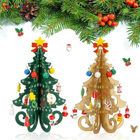 Spencer 7.5 inch Tabletop Mini Wooden Christmas Tree with 24 Mini Ornaments for Christmas Decorations （Green）