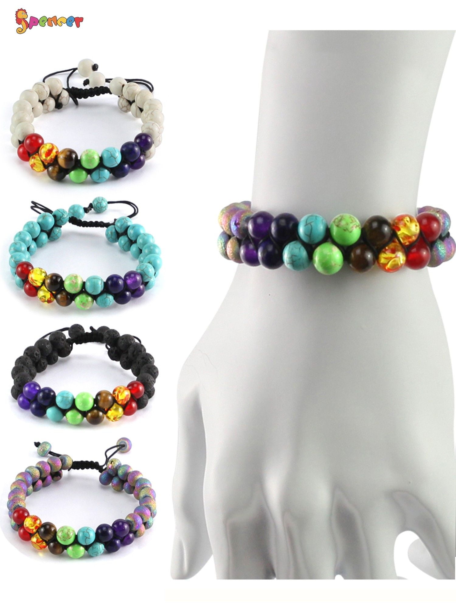 COLORFUL BLING Natural Lava Stone & Tiger Eye Bracelet Set For Women & Men - Adjustable Healing Beaded Wrap Bracelet