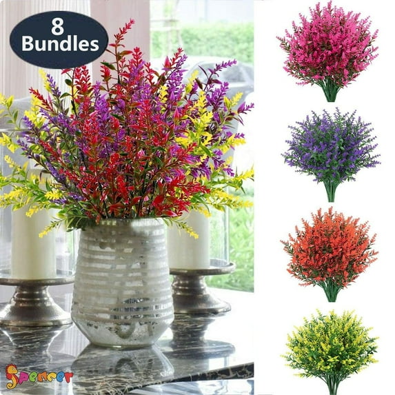 Spencer 8 Bundles Artificial Flowers Lavender Bunch Fake Plants Faux UV Resistant Flower Plastic Shrubs Vine Hanging Outdoor Decorations "Red"