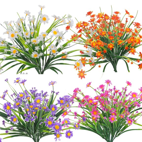 Spencer 8 Packs Artificial Fake Flowers, Faux Little Daisy Outdoor Plastic Plants UV Resistant Shrubs Outside Indoor Garden Porch Window Box Decorations (Multicolor)