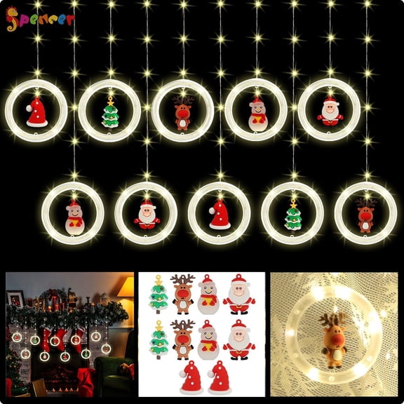 Spencer 9.8ft Christmas Curtain String Lights 128 LED Window Hanging Ring Lights with Ornament Toy Christmas 3D Novelty Xmas Tree Home Decorations