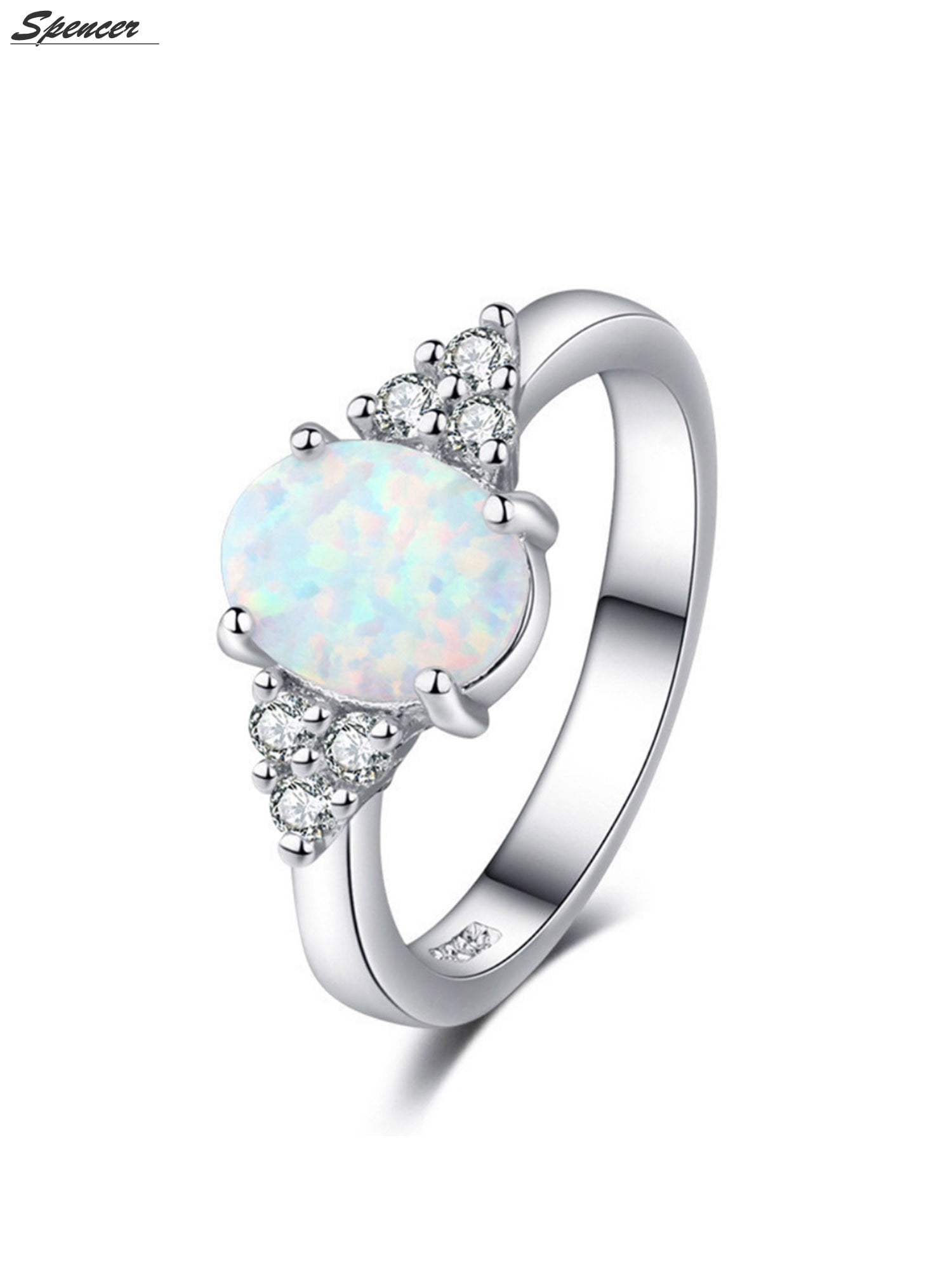 Spencer 925 Sterling Silver Fire Opal Ring White Gold Gemstone