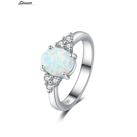 Spencer 925 Sterling Silver Fire Opal Ring White Gold Gemstone Wedding Ring Jewelry for Women "Size 8"