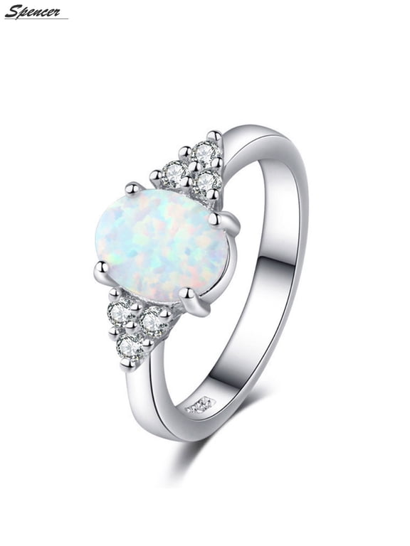 925 Sterling Silver Fire Opal Ring White Gold Gemstone Wedding Ring Jewelry for Women "Size 9"
