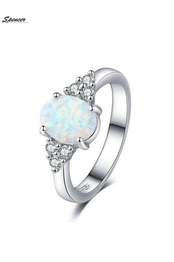 925 Sterling Silver Fire Opal Ring White Gold Gemstone Wedding Ring Jewelry for Women "Size 9"