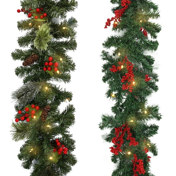 Spencer 9ft Pre-Lit Christmas Garland Artificial Green Pine Berry Clusters Garland with Warm LED Lights Indoor Outdoor Fireplace Xmas Decoration