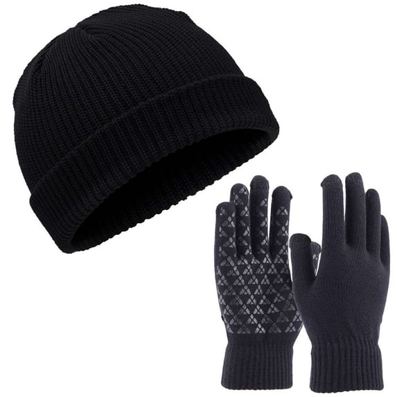 Spencer Beanie Hat and Glove 2-Piece Set, Winter Beanie Hat Men Women Classic Knit Cuffed Plain Skull Cap and Touchscreen Gloves, Black