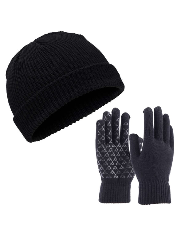 Beanie Hat and Glove 2-Piece Set, Winter Beanie Hat Men Women Classic Knit Cuffed Plain Skull Cap and Touchscreen Gloves, Black