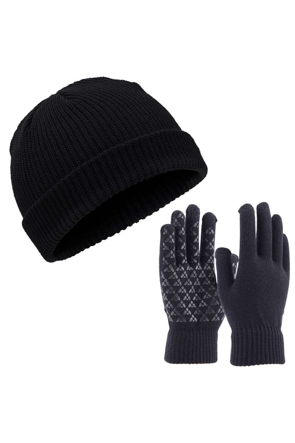 Beanie Hat and Glove 2-Piece Set, Winter Beanie Hat Men Women Classic Knit Cuffed Plain Skull Cap and Touchscreen Gloves, Black